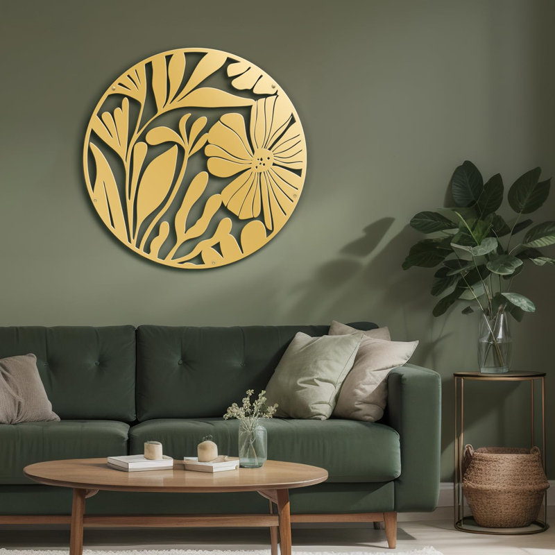 Décoration murale ronde en métal botanique, H 18 po x l 18 po x P 0,05 po, Doré
