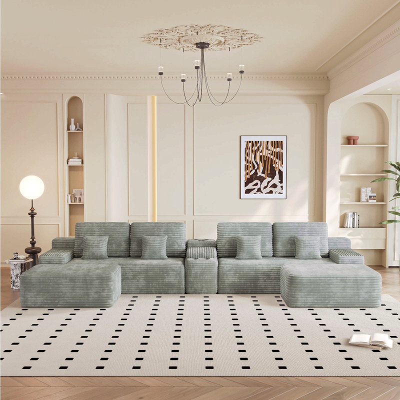 Canapé modulaire 5 pièces de 150 po avec 2 repose-pieds, canapé en U confortable pour le salon, tissu en velours côtelé moelleux