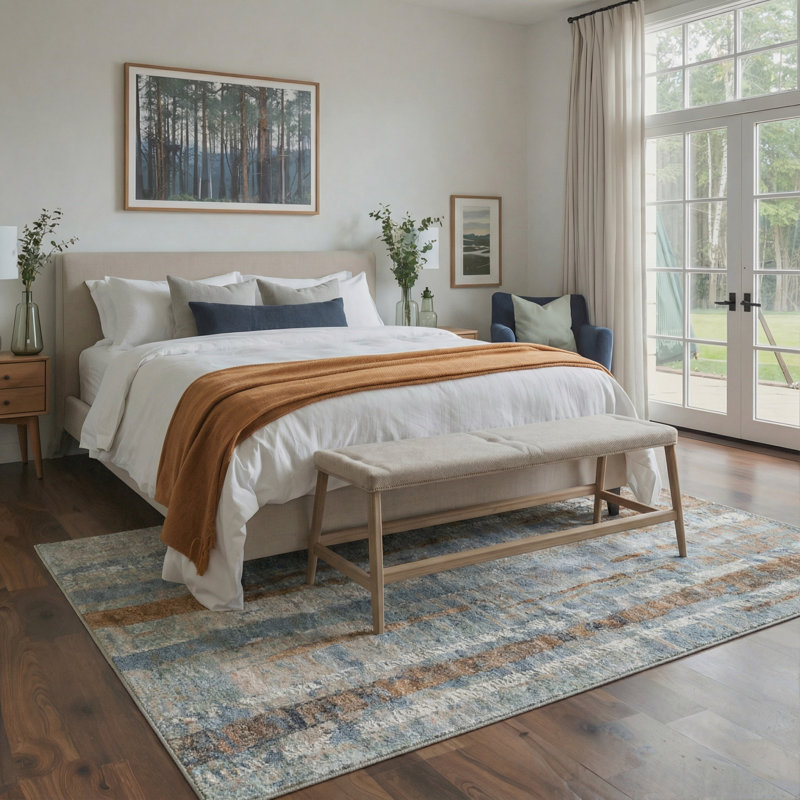 Tapis bleu / brun / beige à motif abstrait moderne lavable à la machine avec envers antidérapant Aura, Rectangle 5 pi x 7 pi