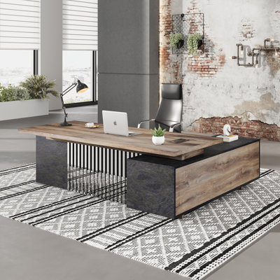 Grand bureau de direction de 78,6 pouces en acier inoxydable avec armoire à tiroirs, bureau en forme de L, bureau d'ordinateur avec ports de charge universels et gestion des câbles pour poste de travail pour bureau personnel (à droite)