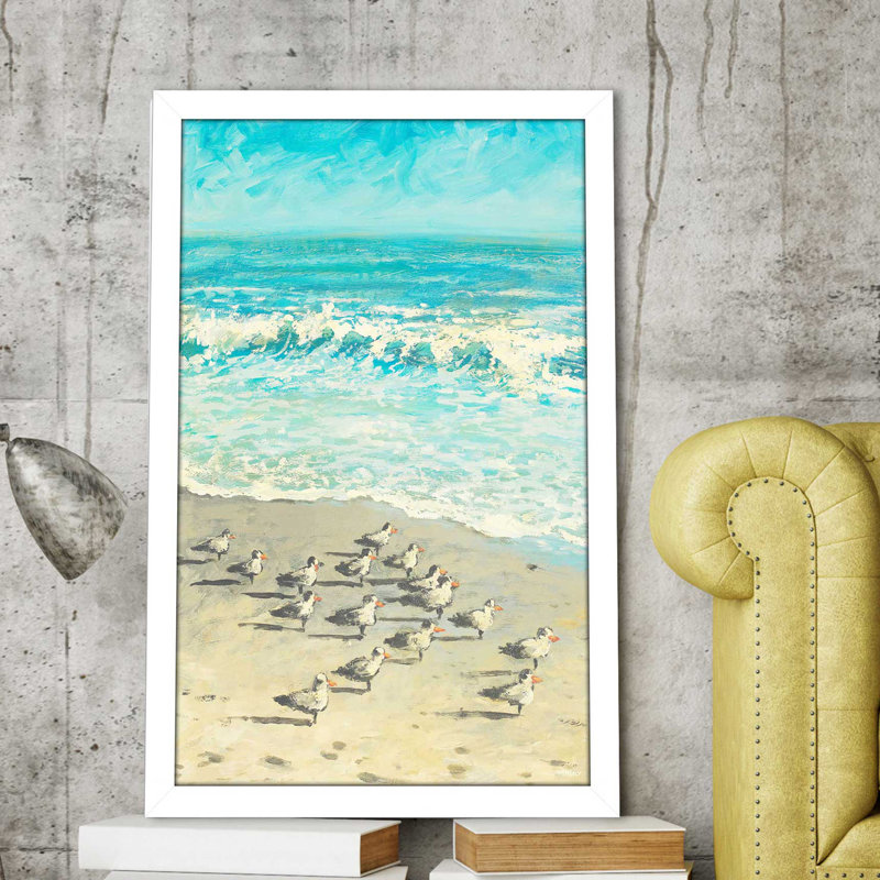 «Sandpiper Beach Party», reproduction de peinture acrylique, H 27,5 po x l 21,5 po x P 0,75 po, Cadre blanc