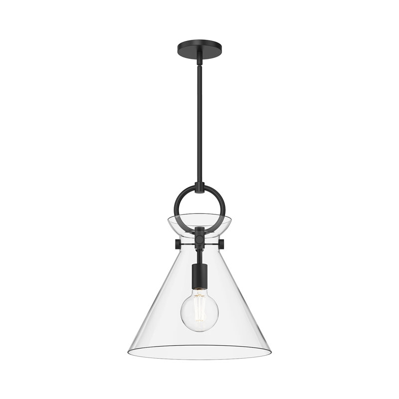 Luminaire suspendu conique à 1 lumière Tiney, H 17 po x l 14 po x P 14 po, Noir mat / transparent