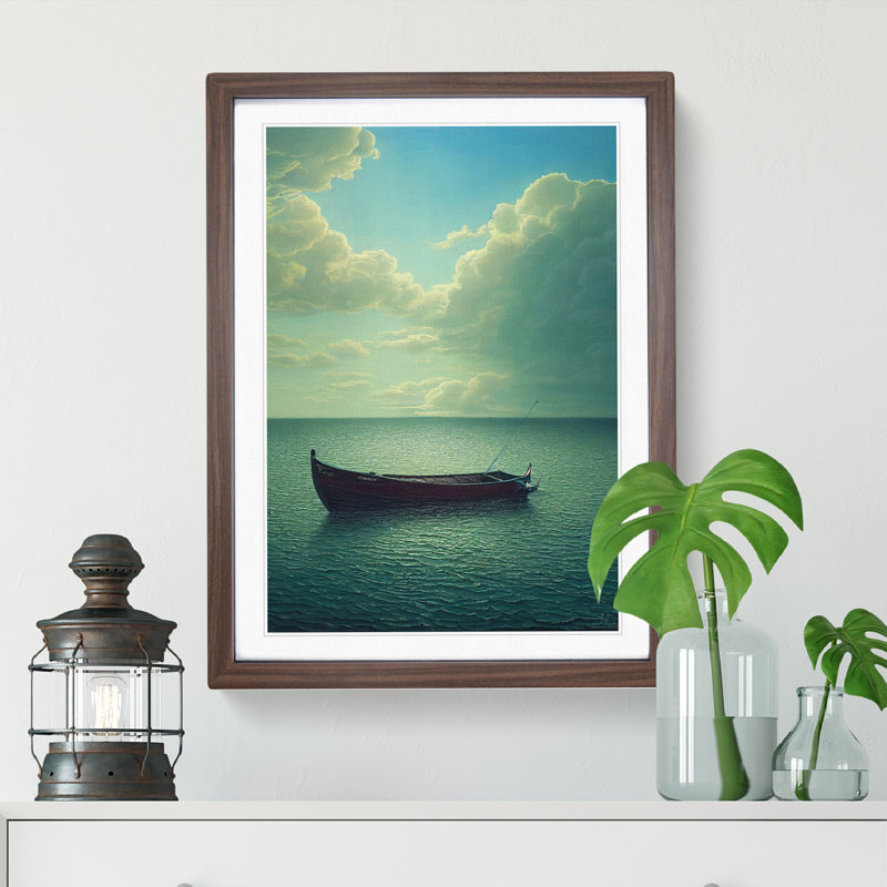 Boat Under The Clouds - Print, 66cm H x 48cm W x 2cm D, Walnut Framed, White