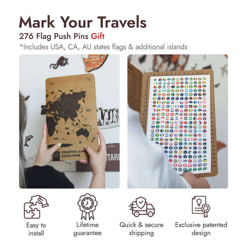 Wooden World Map Wall Art with Flag Stickers – 3D Layered Wood Décor & Travel Tracker, 54cm H x 100cm W