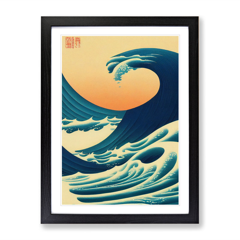 Traditional Japanese Wave No.6 - Wall Art, Black Framed, 36cm H x 27cm W, White
