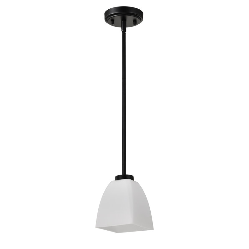 Mini-luminaire suspendu 1 lumière avec abat-jour en verre blanc gravé en forme de pyramide, Noir mat