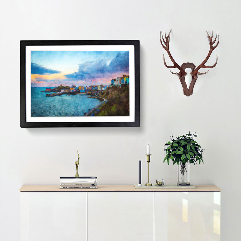 Tenby Harbour in Pembrokeshire Wales - Picture Frame Painting Print, 62cm H x 87cm W x 2cm D, Black