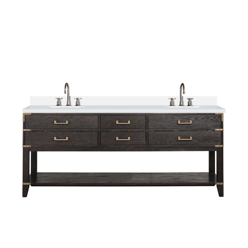 Meuble-lavabo double en chêne brun l 80 po x P 22 po, comptoir et robinet en quartz blanc à fermeture en douceur, capacité de rangement abondante avec quatre tiroirs et une tablette d'armoire ouverte.