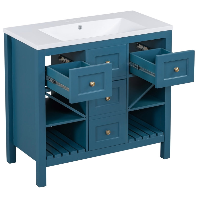 Ensemble de meuble-lavabo 36 po avec lavabo en résine, armoire de rangement en bois massif, ensemble de meuble-lavabo autoportant avec 5 tiroirs et portes à fermeture douce