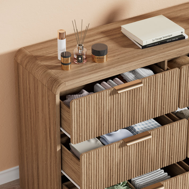 Commode moderne à 6 tiroirs avec profil incurvé, meuble télé en bois pour commode pour le salon, Brun