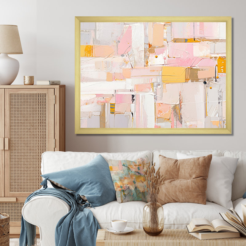 Art abstrait sur toile rose et or abstrait, Cadre doré simple, H 30 po x l 40 po x P 1,5 po