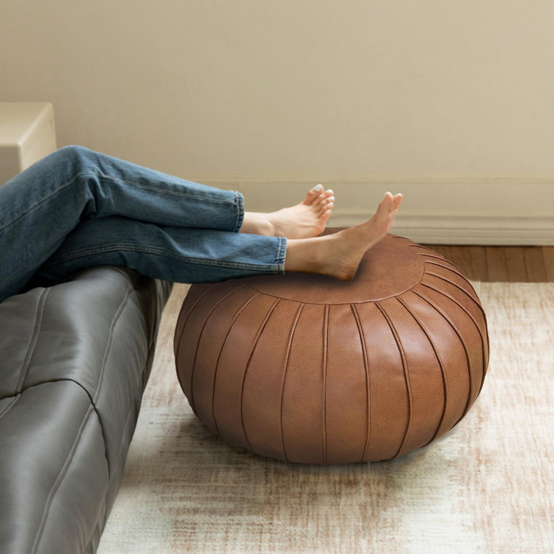 Cohill Upholstered Pouf, Brown Faux Leather