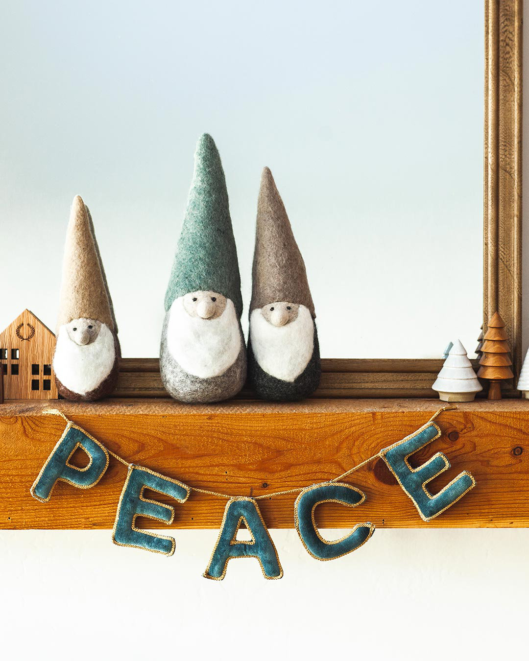 Felted Woodland Gnome, Medium: 12" H X 3.5"  (diameter at base), Tan/Charcoal/White