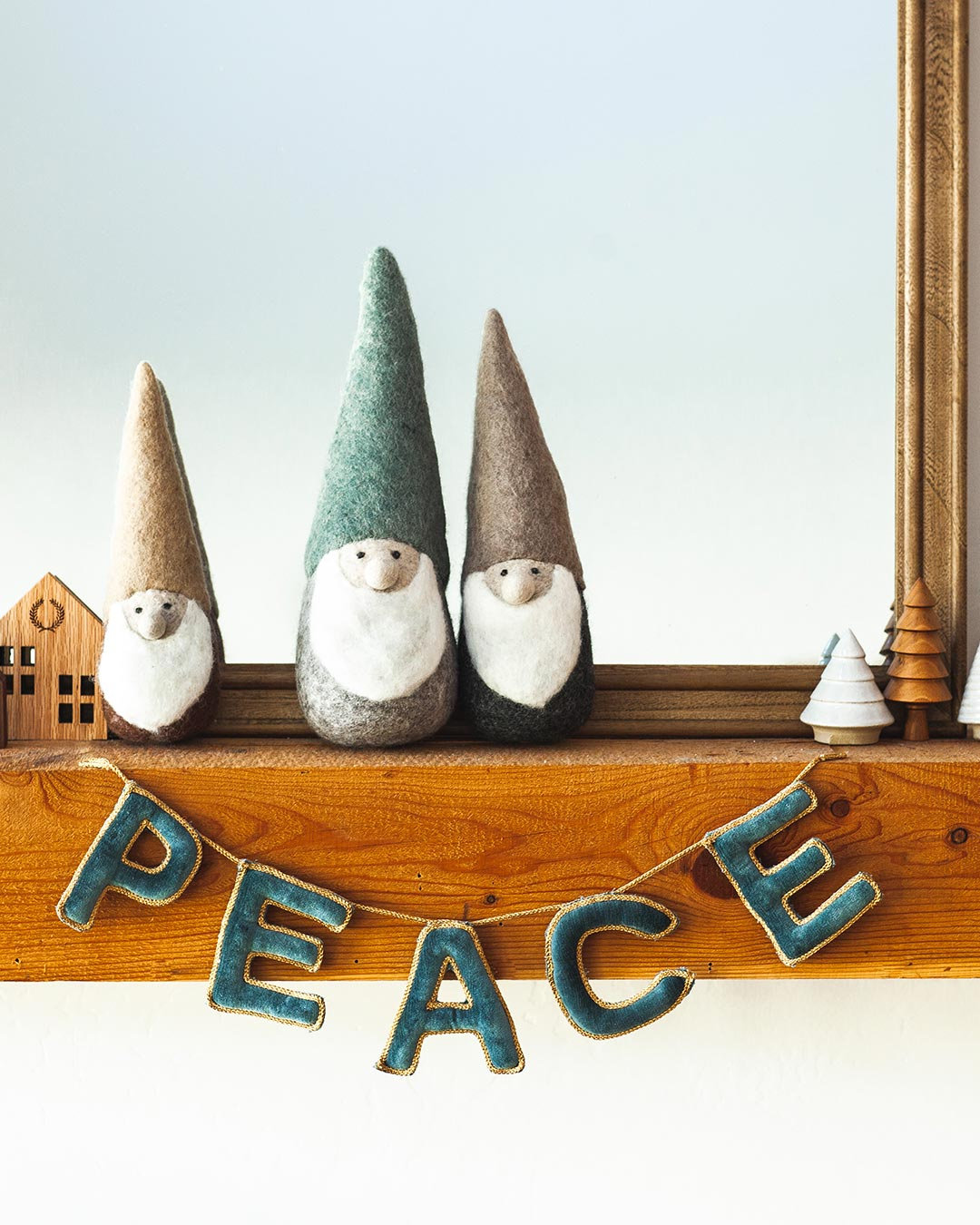 Felted Woodland Gnome, Small: 10" H X 2.75" (diameter at base), Natural/Mauve/White