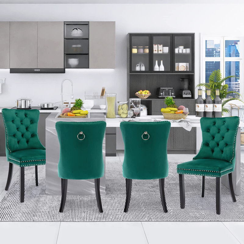 Chaises de salle à manger en velours, chaise de salle à manger rembourrée haut de gamme avec anneau clouté, Noir foncé