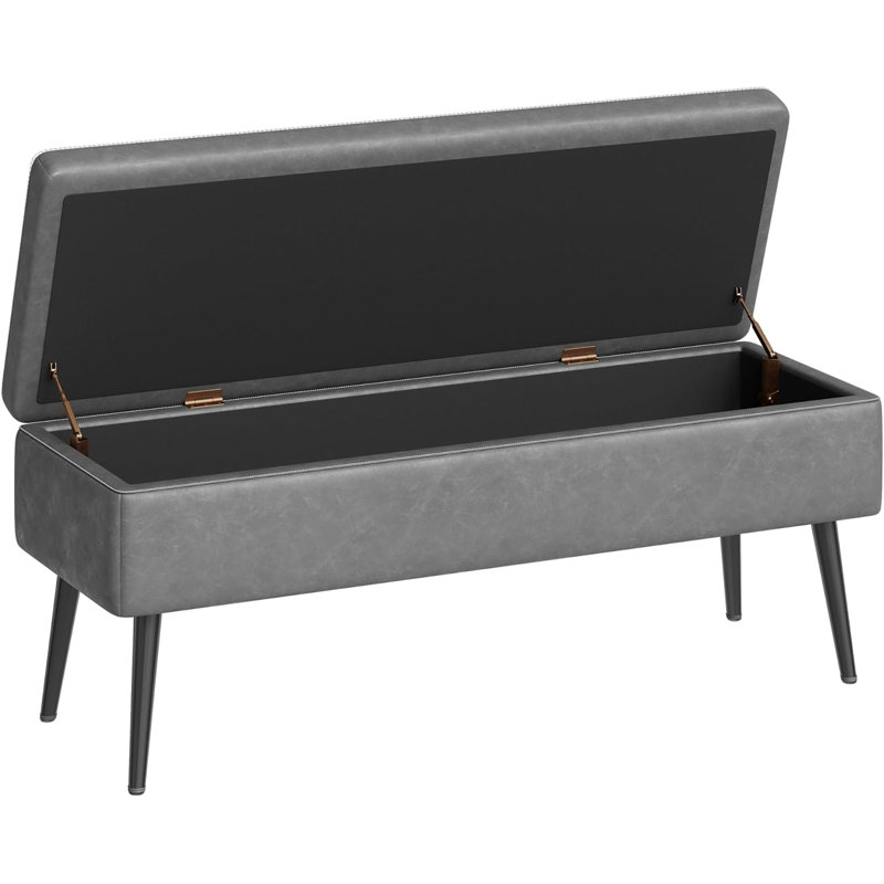 Banc de rangement avec repose-pieds, banc de chambre d'entrée de style Mid-Century moderne, cuir synthétique avec coutures, charnières de sécurité, capacité de charge de 680 lb