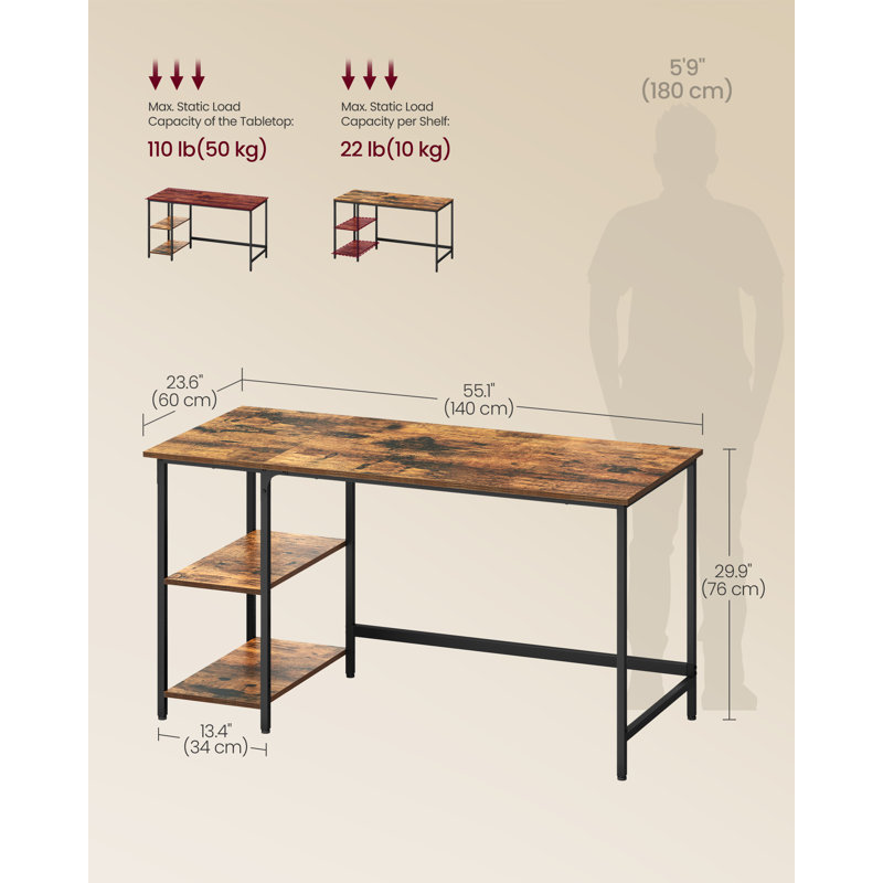 Vaillancourt Writing Desk, 75cm H x 140cm W x 60cm D, Black, Rustic Brown