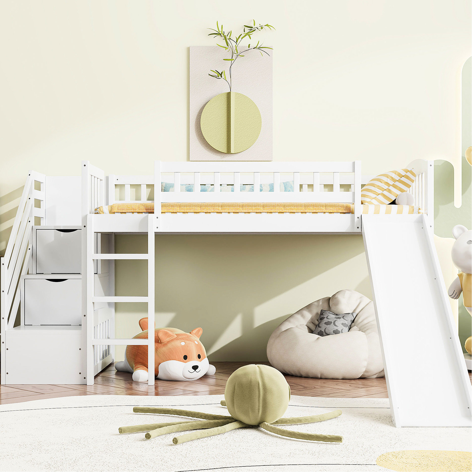 August Grove® Stairway Twin Loft Bed, Two Drawers, Slide, Pine Wood ...