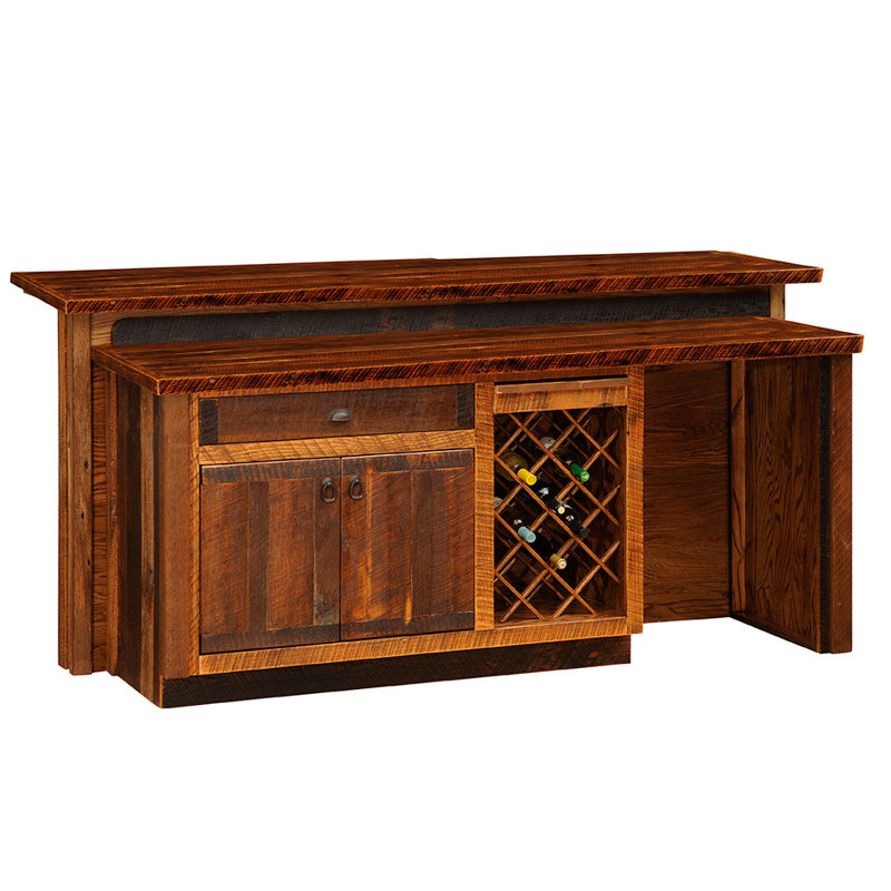 Bar en bois de grange de 7 pieds avec meuble-lavabo Fireside Lodge - dessus artisanal - ouverture du réfrigérateur à droite