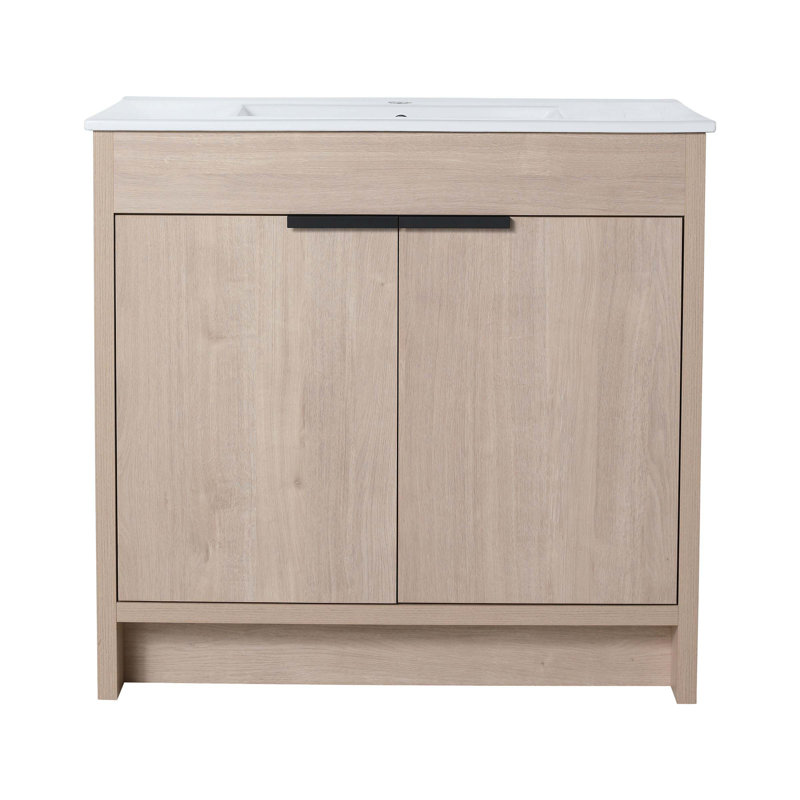 Meuble-lavabo autoportant avec lavabo en céramique blanche et 2 portes d'armoire à fermeture en douceur