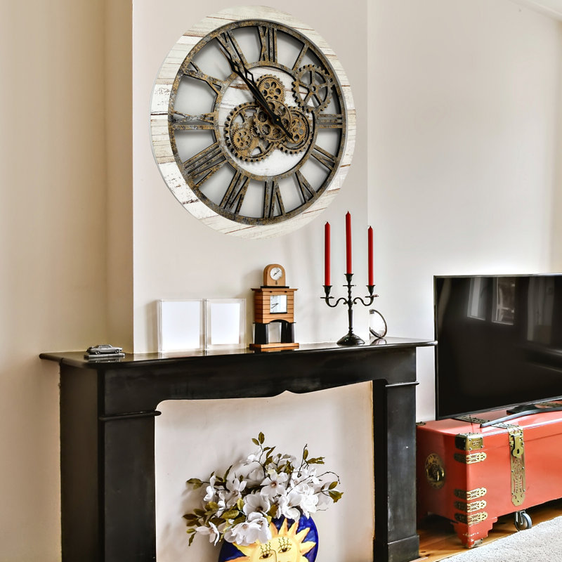 Oversized Desert Beige and Bronze Industrial Wall Clock with Real Moving Gears