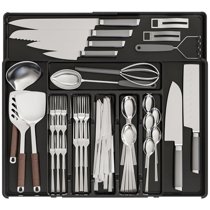Rangement à couverts extensible pour tiroirs de cuisine, grand range-ustensiles sans BPA dans le tiroir, range-ustensiles en plastique convenant comme couverts, couteaux, fourchettes, cuillères, porte-couverts et plateau, noir
