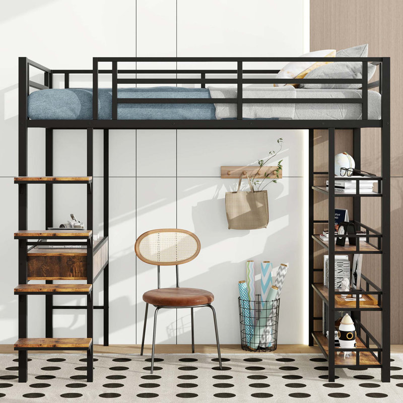 Lit mezzanine en métal avec bureau et tablettes, Simple
