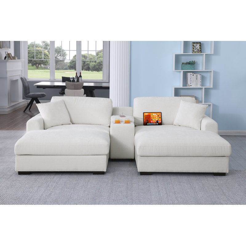 Upholstered Chaise Sleeper Sofa With Cup Holder Console & Ottomans, White Polyester