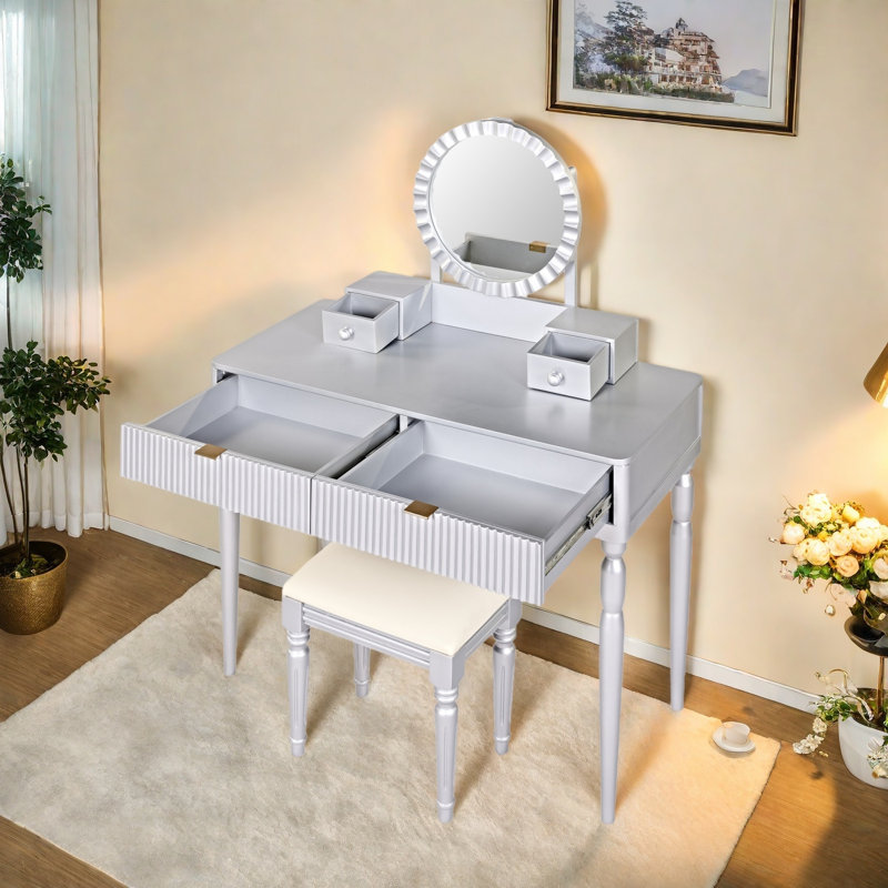 Vanity Desk with Height-Adjustable Round Mirror, 4 Drawers & Stool, Silver
