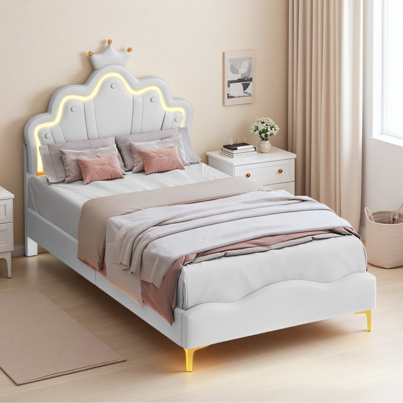 3' Single Upholstered Princess Bed with LED Light, White