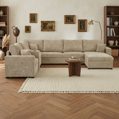 Canapé d'angle modulaire en forme de U cinq places avec méridienne, tiroir de rangement et coussins