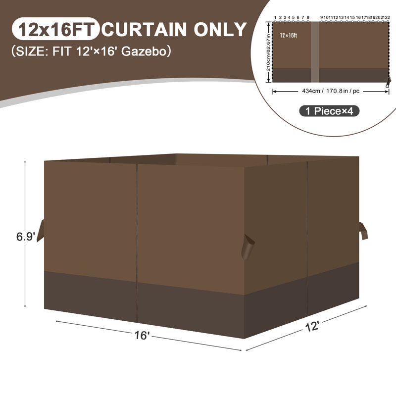 Aoodor Replacement 4-Panel Gazebo Sidewall Curtains, Brown/Coffee, 82.7" H x 144" W x 192" D