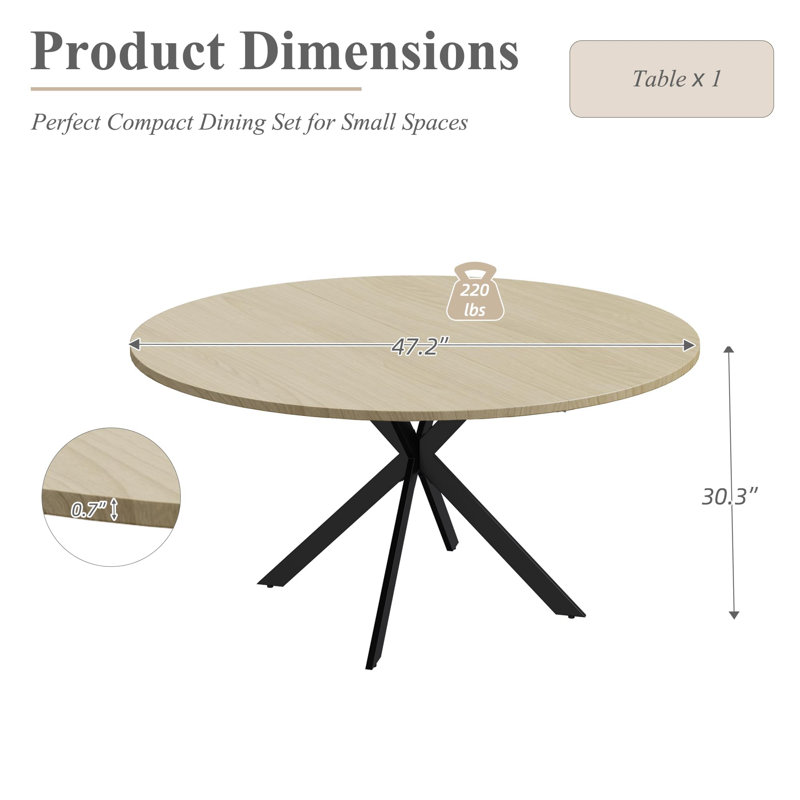 Table de salle à manger 47 po pour 4 personnes - Table de cuisine moderne avec pieds en acier, design Mid-Century en bois pour la cuisine, la salle à manger, l’appartement et le bureau, brun