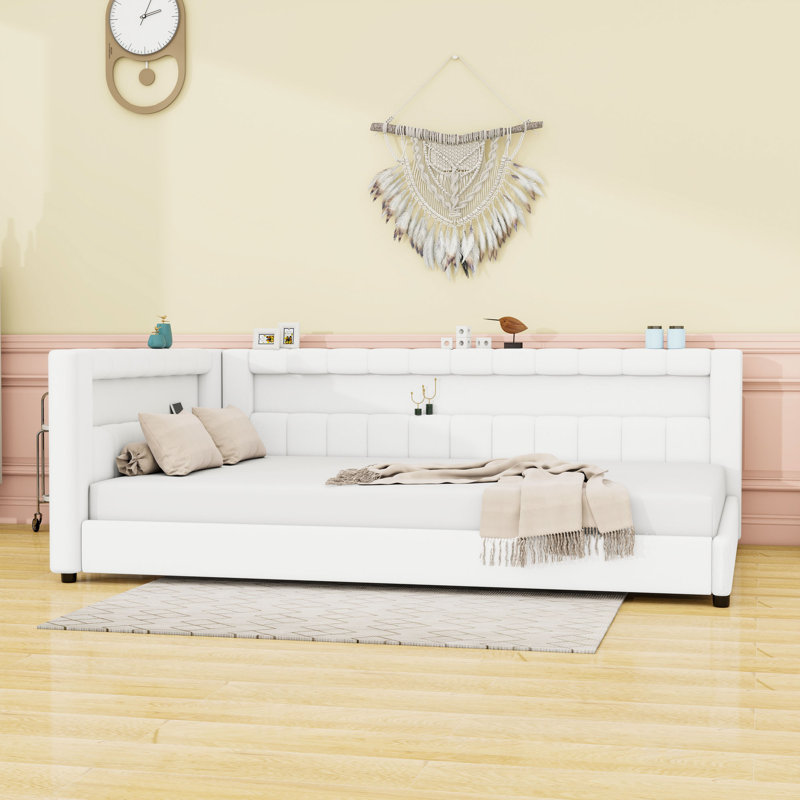 Lit plateforme tapissier avec ports de charge USB et ceinture lumineuse à DEL, Double XL, Blanc