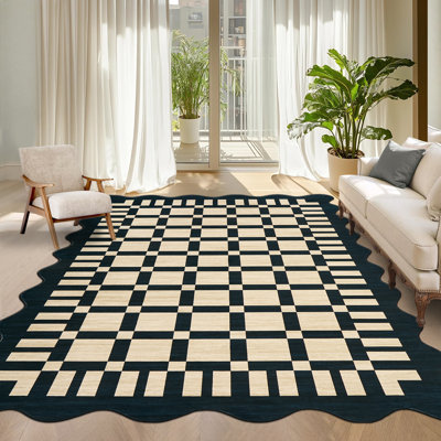 Tapis festonné damier lavable à la machine pour le salon, la chambre à coucher et la salle à manger