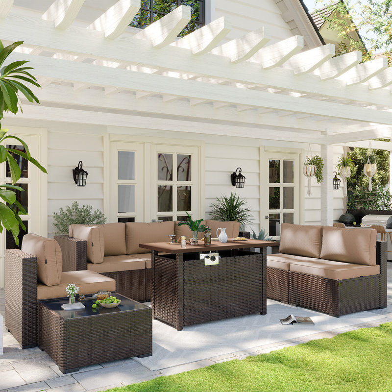 Caradog Wicker 6 - Person Patio Conversation Sets with Cushions, Coffee Table and 44" Fire Pit Table