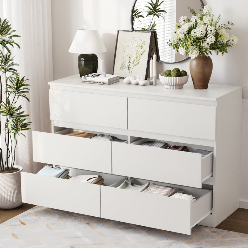 Commode moderne 47,2 po en bois avec 6 tiroirs, Blanc
