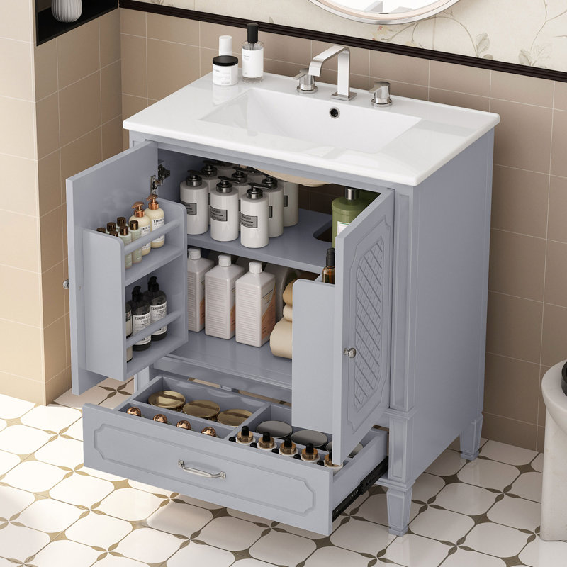 Meuble-lavabo de 30 po avec lavabo en céramique, charme rétro gris, porte silencieuse, armoire et tiroir à options de rangement abondantes, meuble-lavabo Allure Grace, grande tablette de porte réglable