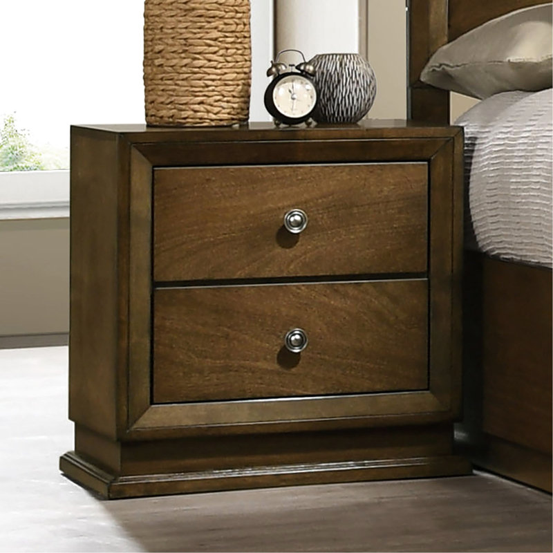 Armoire de chevet à 2 tiroirs en noyer, style transitionnel, bois d'hévéa massif, placage, glissière centrale en métal, table de chevet de l 23,5 po x P 15 po et bouton de bronze contemporain