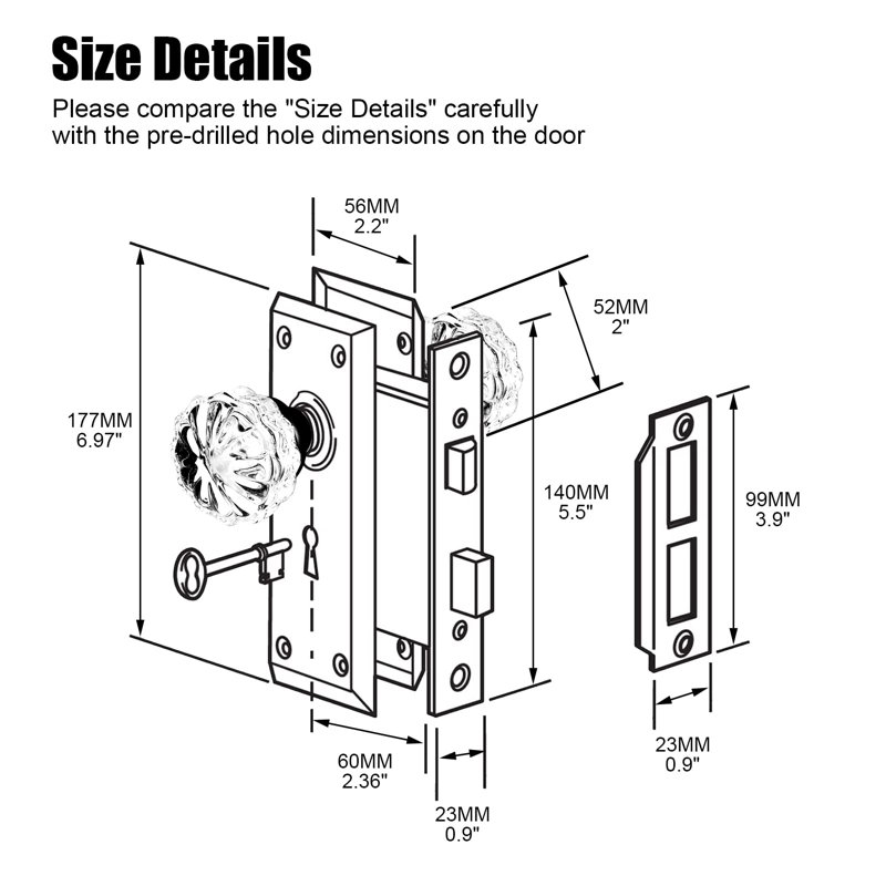 Mortise Keyed Door Knob, Polished Brass