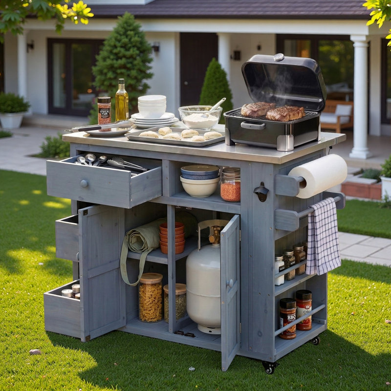 Îlot de cuisine extérieur avec plateau en acier inoxydable, support à épices latéral, tiroirs, support à papier, porte-serviettes et tablette ouverte