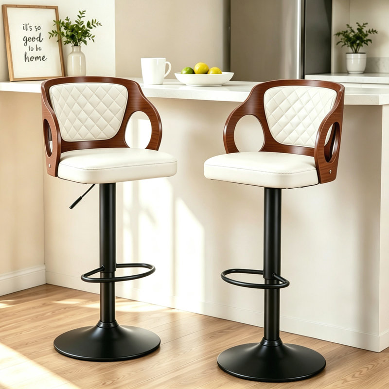 Ensemble de 2 tabourets de comptoir pivotants à hauteur réglable Ferriera, chaises de bar rembourrées en similicuir avec base en métal, repose-pieds, îlot de cuisine Mid-Century pour îlot de cuisine, bar personnel, pub, café ou bureau, blanc