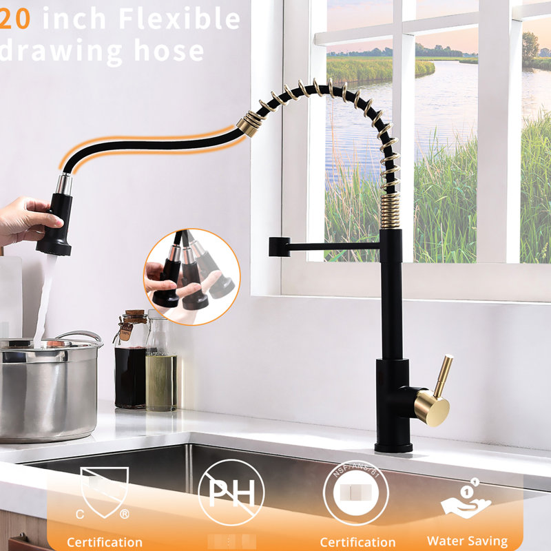 Touchless Kitchen Faucet - Automatic Smart With Pull Out Spray, Hands For Sink, Black And Gold, Contemporary Look, Ceramic Filler, Brass Material Sink Motion Sensor Activated, , Style,