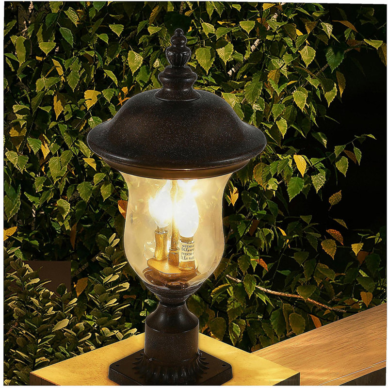 21"(H) Classic Outdoor Post Lamp, Waterproof Garden Patio Lantern, Transparent Glass Shade, Classic Bronze Color, Suitable for Courtyard, Porch, Pathway, and Driveway Lighting (Integrated and No Bulb)