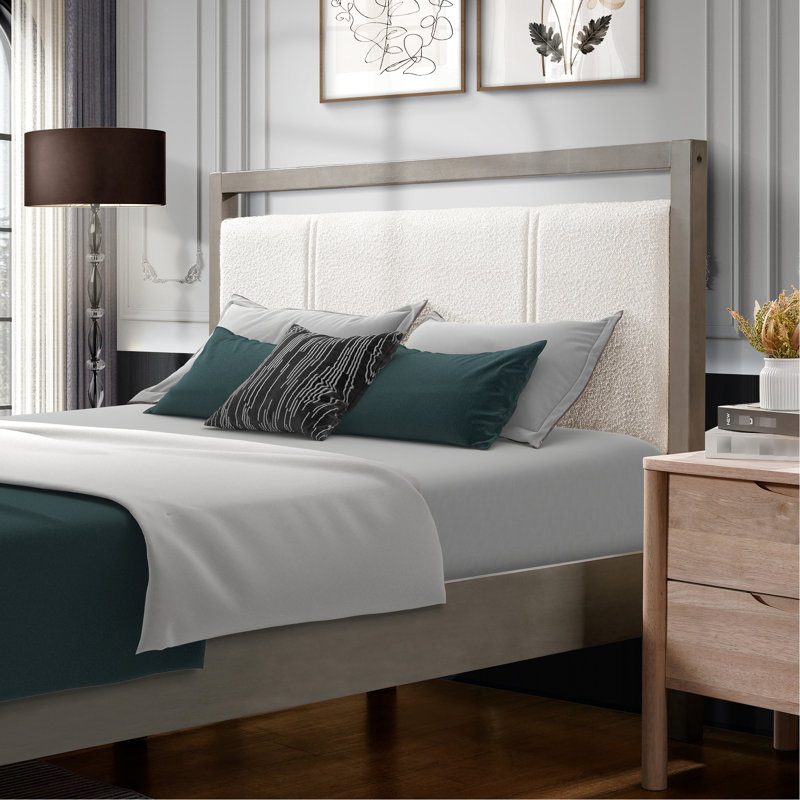 Grand lit à panneau en bois bouclé et gris, système de lattes silencieuses, confort pour les dormeurs latéraux, chambre à coucher facile à installer avec tête de lit en bois d'hévéa, lattes, aucun sommier nécessaire