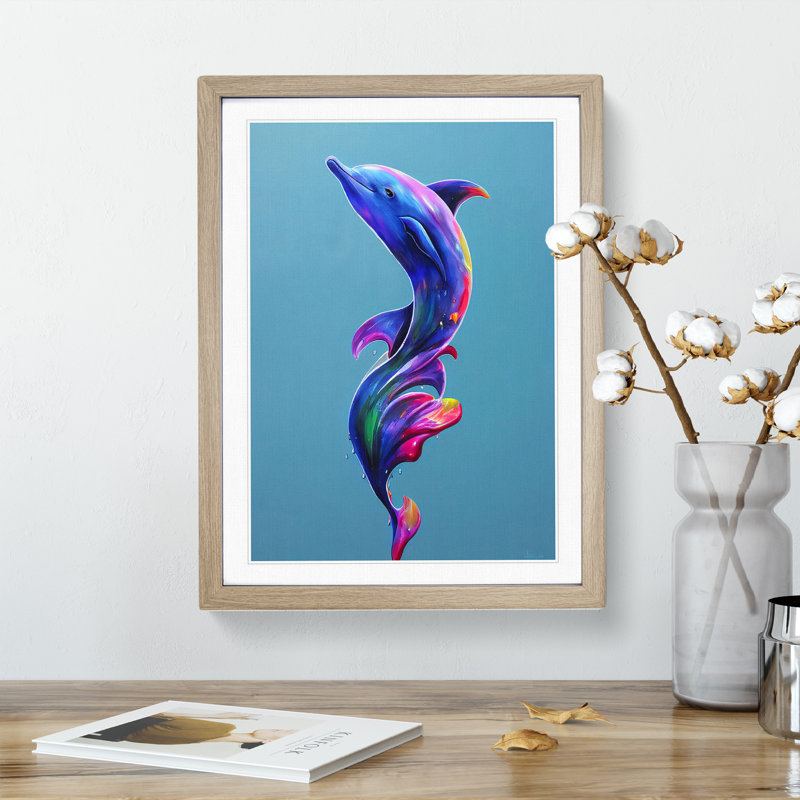 Dolphin Paint Splash No.1 - Framed Print, 34cm H x 25cm W x 2cm D, Oak