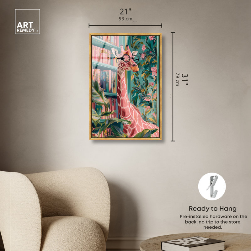 "Librarian Giraffe", impression sur toile encadrée par Art Remedy, cadre doré, 20 x 30, 31"H x 21"W, Gold Frame