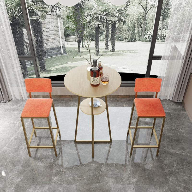 -piece bar table and chair set with gold frame, storage table, sponge cushions, beige and orange upholstery