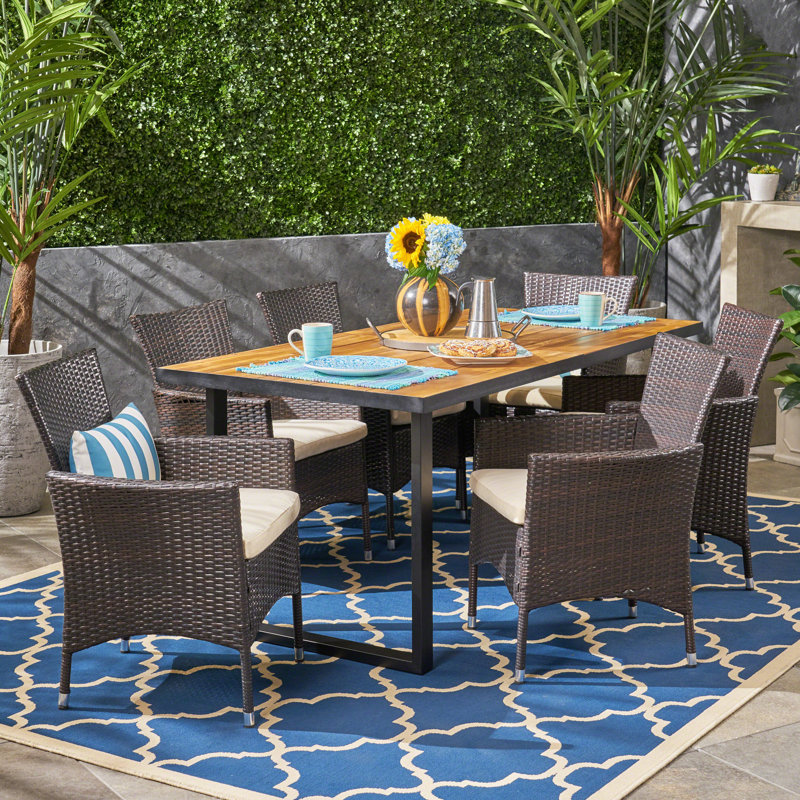 Wadsworth 6 - Person Acacia Wicker Patio Dining Set with Rectangular Table , Cushions Included