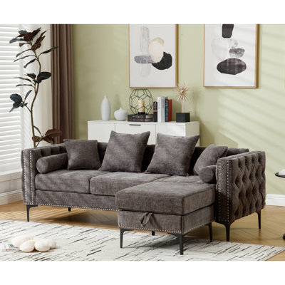 Square Arm Chenille Sectional , 3 Seater, Dark Gray With Convertible Storage L Shaped Arm, Living Room Furniture